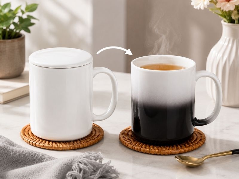 Top 10+ mẫu ly sứ trắng in logo được doanh nghiệp lựa chọn hiện nay Ly sứ đổi màu in logo tạo hiệu ứng độc đáo