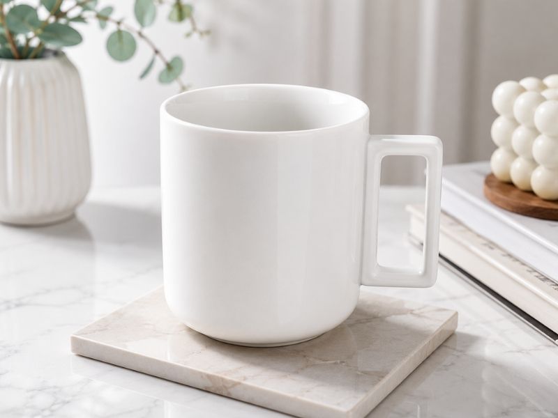 Top 10+ mẫu ly sứ trắng in logo được doanh nghiệp lựa chọn hiện nay Ly sứ quai vuông hiện đại phù hợp dân văn phòng