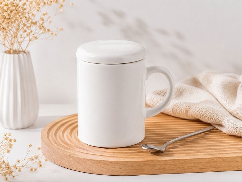 Top 10+ mẫu ly sứ trắng in logo được doanh nghiệp lựa chọn hiện nay Ly sứ trắng có nắp giữ nhiệt tiện dụng hằng ngày