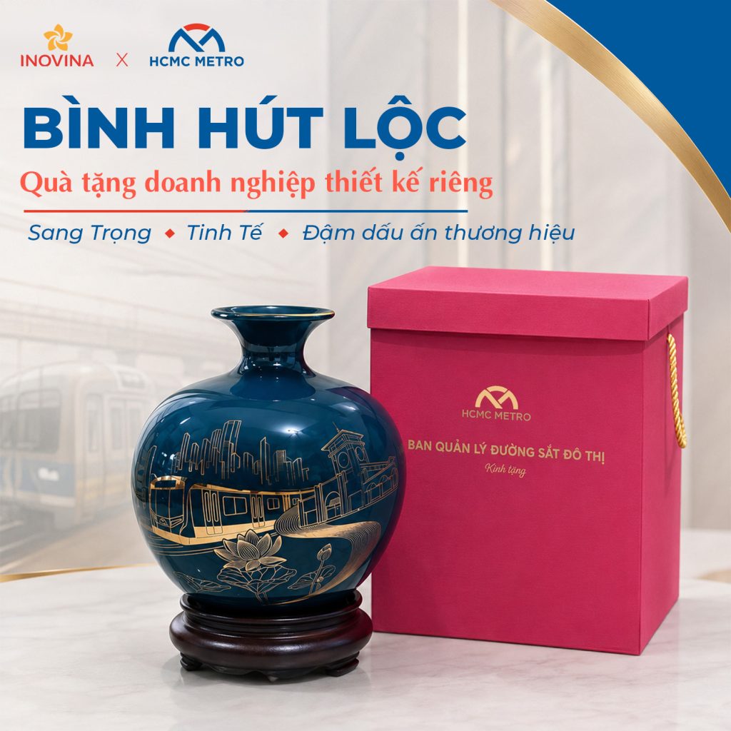Quà tặng doanh nghiệp cao cấp HCMC Metro - Bình hút lộc gốm sứ thiết kế riêng bởi Inovina