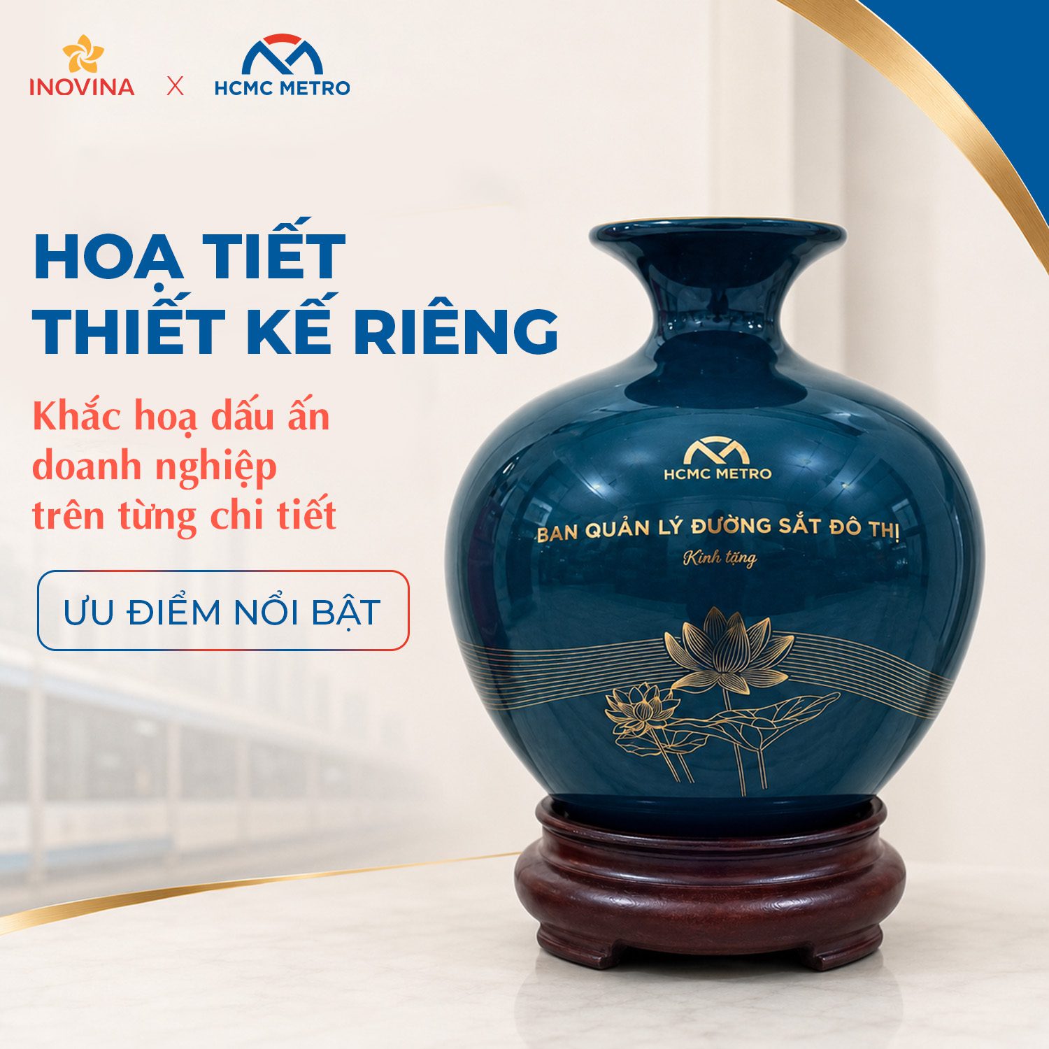 Bình hút lộc gốm sứ quà tặng doanh nghiệp khắc họa hình ảnh HCMC Metro và TP.HCM