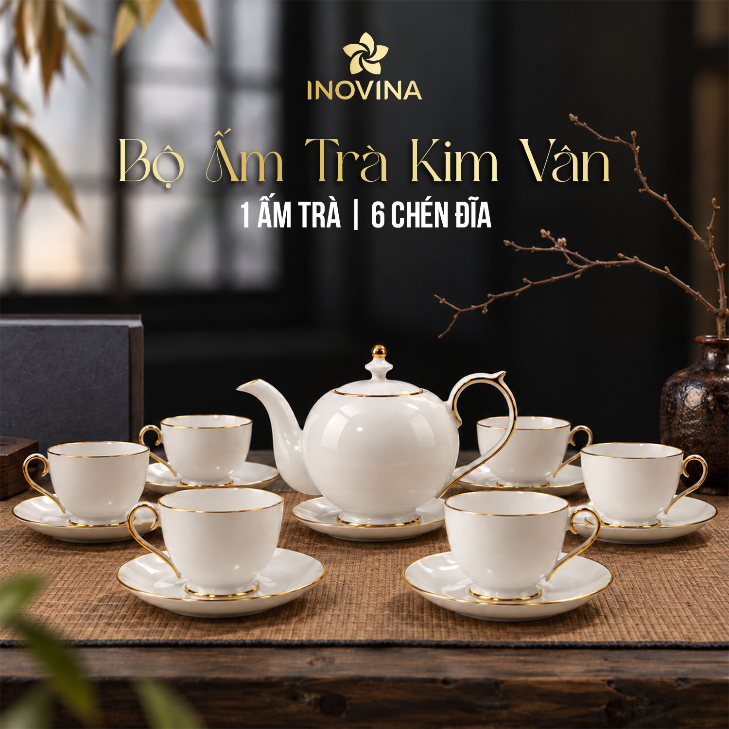 Bộ Bình Trà Sứ Tường Vân Chỉ Vàng - Quà Tặng Doanh Nghiệp Cao Cấp Tinh Xảo POST 1