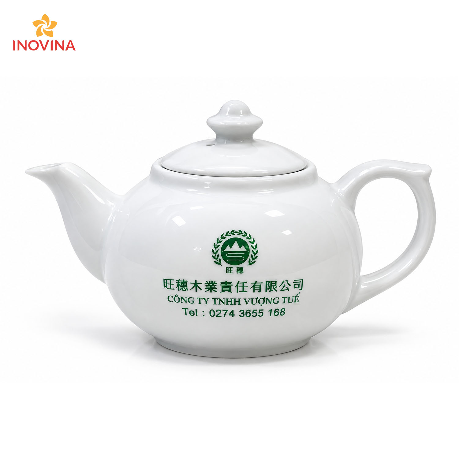Cận cảnh thân ấm trà sứ trắng in logo quà tặng doanh nghiệp